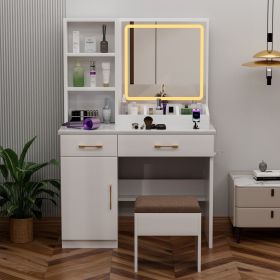 32'' Wide Makeup Vanity Desk with Lighted Mirror and Power Outlet, Dressing Table with Large Storage Space and Cushioned Stool for Bedroom & Stud