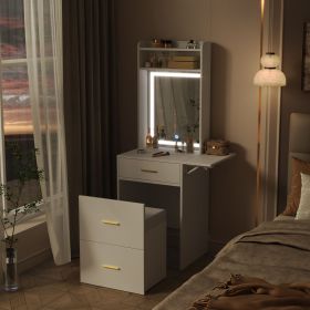 Small Vanity Desk with Mirror and Light, Dressing Table with Charging Station & Fold-up Panel for Small Space