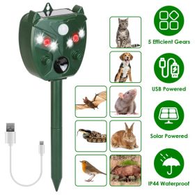 Outdoor Solar-Powered Ultrasonic Deterrent Device, 5 Functional Modes with Ultrasonic, Alarm Tone and Strobe Light, 120° PIR Sensor, IP44 Weather (Option: GREEN)