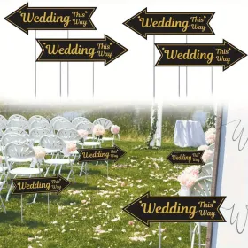 4 Pieces Wedding This Way Sign With Stake Black Golden Arrow Shaped Garden Signs Double Sided Corrugated Plastic Wedding Road Sign (Option: 4pcs)