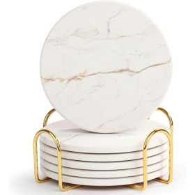Ceramic Drink Coasters 6 PCS With Holder, 4 Inch White Marble Style Absorbent Coasters For Coffee Table, Cups And Home Decor (Option: MULTI)