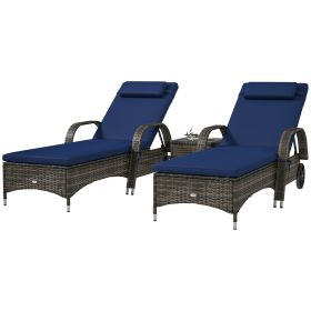 Patio Wicker Chaise Lounge Chair Set Of 2 With Table, Adjustable Backrest, Wheels, Cushion & Headrest, Dark Blue (Color: Dark blue)