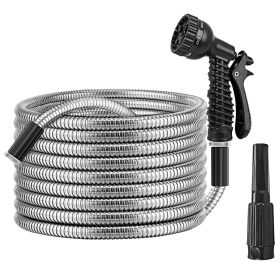 25FT-50FT-100FT Options -- 1Pc Heavy Duty Stainless Steel Garden Hose Garden Watering Kit Metal Water Hose With 2 Nozzles 12 Patterns Flexible Ex (Option: 50FT)