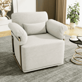 360 Degree Square Swivel Accent Sofa Chair,Fluffy Fabric Lounge Wide Upholstered Reading Chair With Gold Metal Legs, Comfortable Armchair For Liv (Color: Beige)