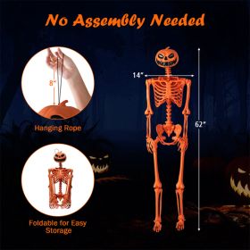 5.2 FT Orange Life-Size Poseable Halloween Skeleton With Pumpkin Head And Movable Joints (Option: Orange)