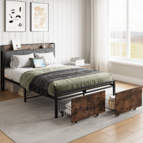 Full Size Bed Frame, Storage Headboard With Charging Station And 2 Storage Drawers,Vintage Brown And Gray (Color: Black)