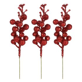 3Pcs Xmas Tree Decoration Berries Shining Sequined Simulated Wreath Rattan Decorative Accessories 15 Heads Holiday Home Decor Red (Option: default)
