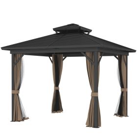 10 X 10 Hardtop Gazebo With Aluminum Frame, Metal Roof Gazebo Canopy W Hook, Curtains Included, Dark Brown (Option: Dark brown)