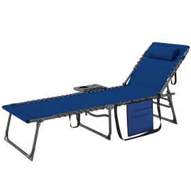 Folding Outdoor Chaise Lounge Chair Tanning Chair With 5-Level Adjustable Back, Side Table, Pillow, Pocket, Dark Blue (Color: Dark blue)